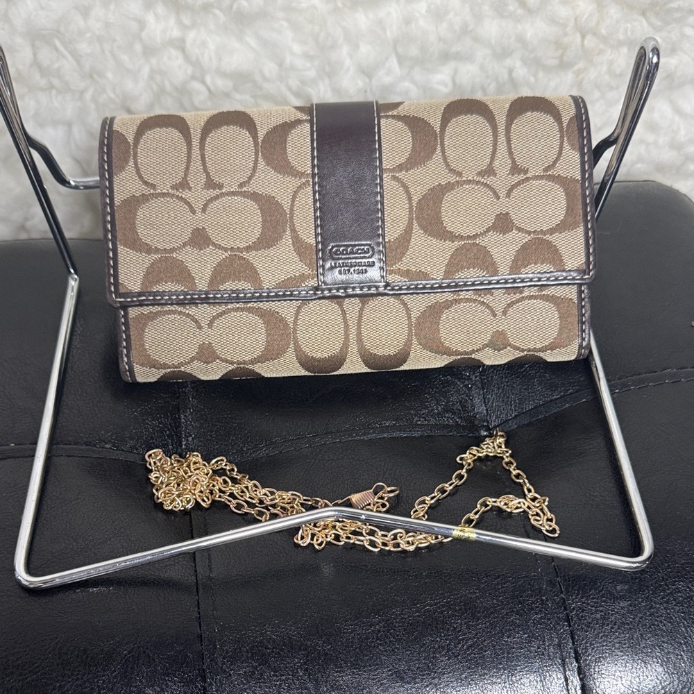 Coach Brown and Tan Signature Chain Clutch